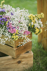 Dry spring flowers in a box, multi-colored dried flowers in a brown wooden box