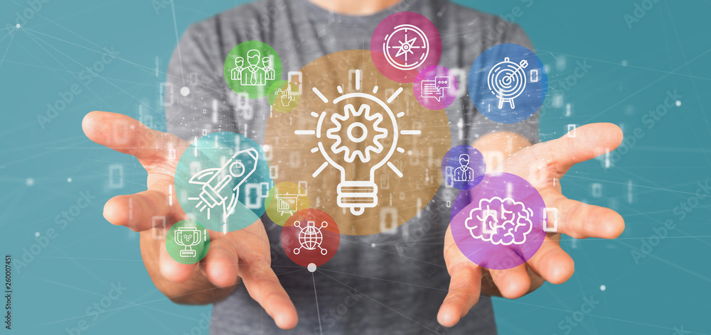 Poster cloud of colorfull start up icon bubble with data businessman holding a binary 3d rendering