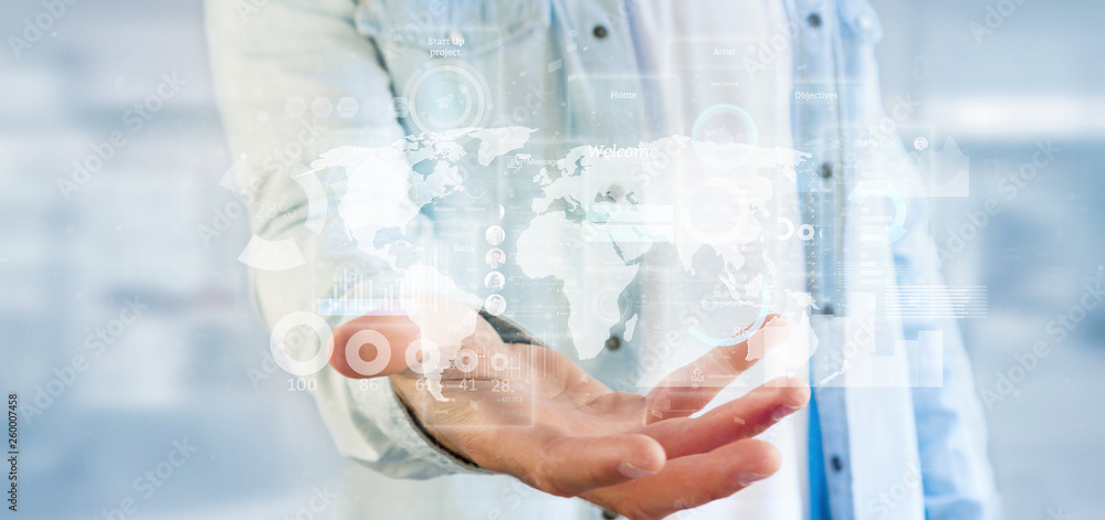 Poster Businessman holding User interface screens with icon, stats and data 3d rendering