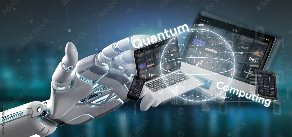 Poster cyborg hand holding quantum computing concept with qubit and devices 3d rendering