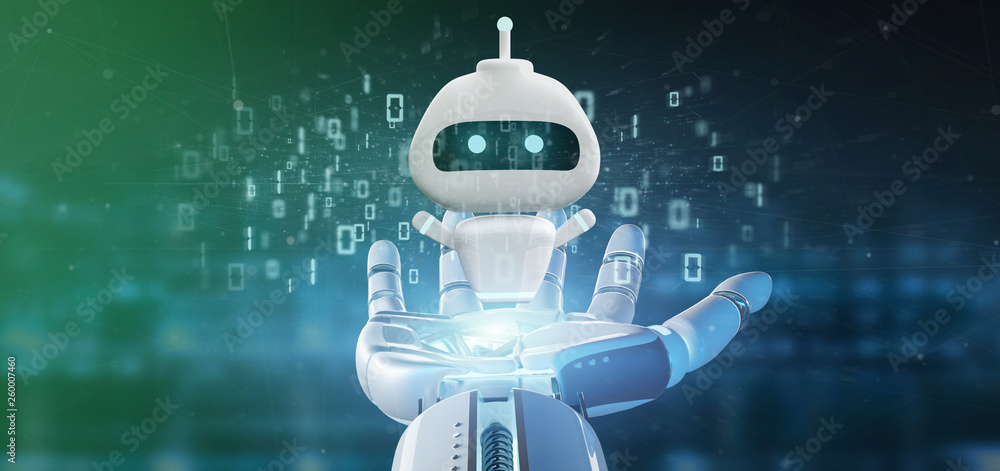 Poster cyborg hand holding chatbot with binary code 3d rendering