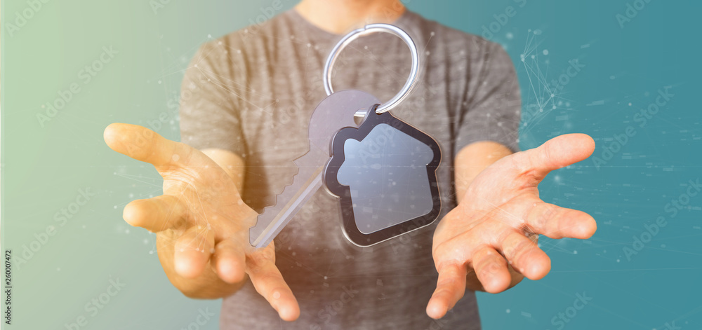 Poster man holding a key and house 3d rendering