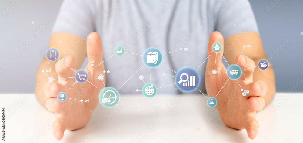 Poster businessman holding a logistic organisation with icon and connection 3d rendering
