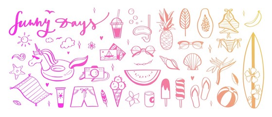 Fototapeta na wymiar Big set of Summer vector design doodle elements. Beach collection, tropical fruits, swimsuit, surfing. Hand drawn isolated sketches on white background. Summer handwritten calligraphy