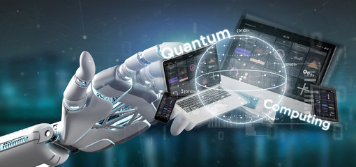 Obraz na płótnie Canvas Cyborg hand holding Quantum computing concept with qubit and devices 3d rendering