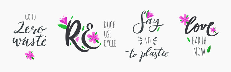 Zero waste lifestyle vector hand drawn calligraphy and lettering set. Motivational quotes for eco friendly and green living. No plastic , reuse, recycle, reuse words