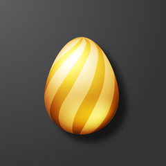 Golden egg with gold pattern on the black background. Realistic top view on the 3d object. Easter card in modern design. Vector illustration for holiday.