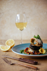 Smoked mackerel on wooden background