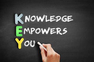 Obraz premium Color Wooden alphabets building the word KEY - Knowledge Empowers You acronym on blackboard