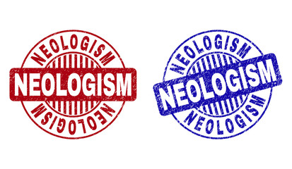 Grunge NEOLOGISM round stamp seals isolated on a white background. Round seals with distress texture in red and blue colors. Vector rubber imitation of NEOLOGISM title inside circle form with stripes.