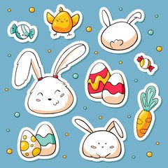 Spring Easter stickers set in doodle style. Vector hand drawn Illustration with cartoon characters. Collection of happy easter symbols: easter rabbit, carrot, eggs, chicken.
