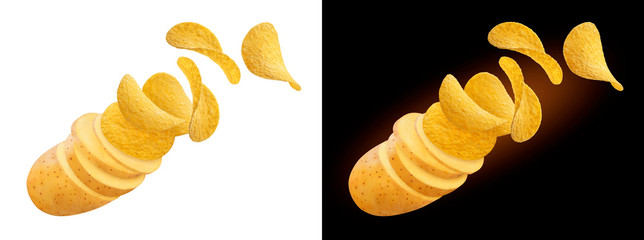 Potato slices turning into flying potato chips isolated on white and black backgrounds