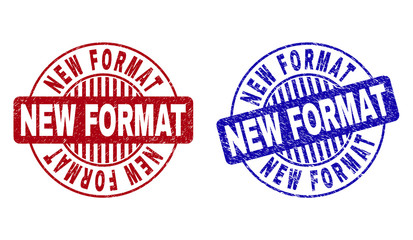 Grunge NEW FORMAT round stamp seals isolated on a white background. Round seals with grunge texture in red and blue colors. Vector rubber imprint of NEW FORMAT title inside circle form with stripes.