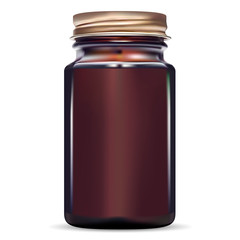 Brown Bottle. Amber Glass Fish Cod Medical Jar. Medicine Vial for Pill with Gold Screw Cap. Drug Pharmaceutical Container. Medication Packaging for Antibiotic Tablet. 3d Storage Mockup.