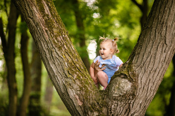 A pretty little blonde girl in blue trouses on a large spreading tree. Children and science.