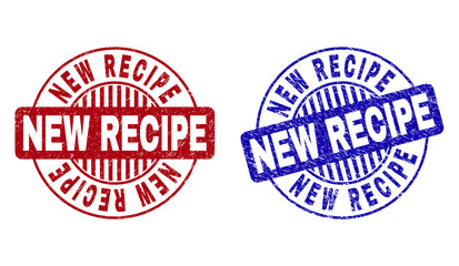 Grunge NEW RECIPE round stamp seals isolated on a white background. Round seals with grunge texture in red and blue colors. Vector rubber watermark of NEW RECIPE tag inside circle form with stripes.