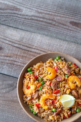 Bowl of chicken and chorizo paella