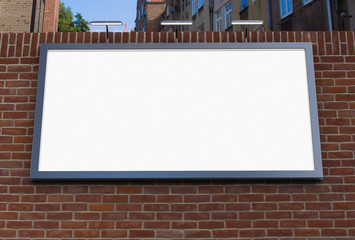 3D rendering of blank billboard (empty advertisement) on brick wall. Empty mockup template