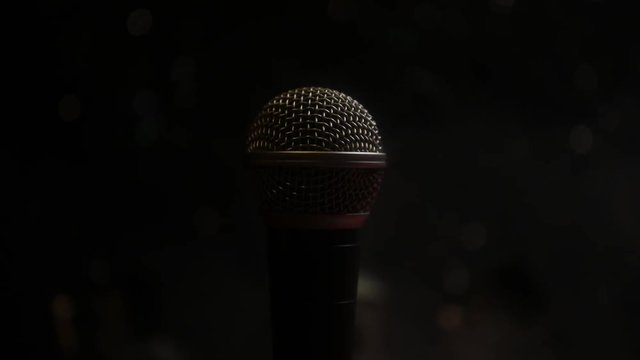 Microphone for sound, music, karaoke in audio studio or stage. Mic technology. Voice, concert entertainment background. Speech broadcast equipment. Live pop, rock musical performance