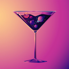 Cocktail party illustration. With drink glass and night sky. Futuristic neon style.