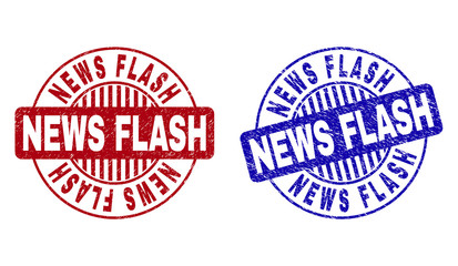 Grunge NEWS FLASH round stamp seals isolated on a white background. Round seals with distress texture in red and blue colors. Vector rubber imprint of NEWS FLASH tag inside circle form with stripes.