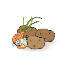 Tubers of potatoes in onions on a white background. Vector illustration