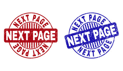 Grunge NEXT PAGE round stamp seals isolated on a white background. Round seals with grunge texture in red and blue colors. Vector rubber imprint of NEXT PAGE caption inside circle form with stripes.