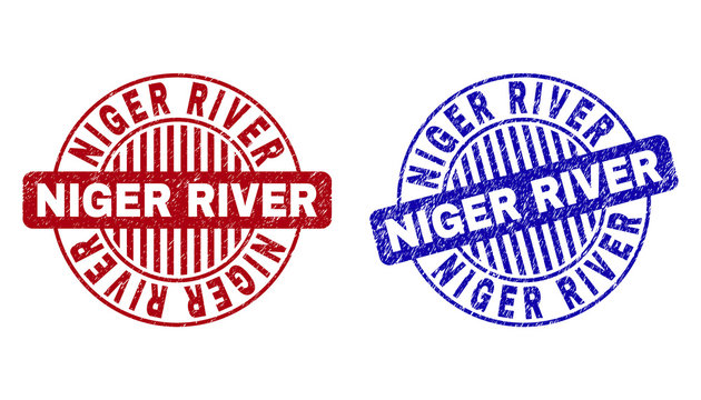 Grunge NIGER RIVER round stamp seals isolated on a white background. Round seals with grunge texture in red and blue colors.
