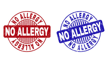 Grunge NO ALLERGY round stamp seals isolated on a white background. Round seals with grunge texture in red and blue colors. Vector rubber imprint of NO ALLERGY title inside circle form with stripes.