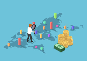 Obraz premium isometric businessman use magnifying glass to analyse graph each country on world map