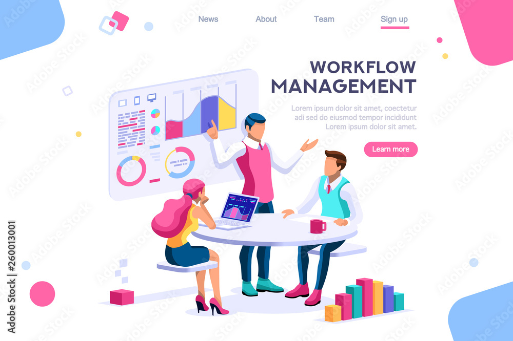 Poster management workflow, business graphs. brainstorming infographic. interactive set of situations. man 