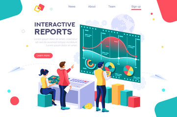 Collection, database graphs. Desktop chart analyzing, statistics visualization concept. Interacting people. 3d isometric vector illustration.