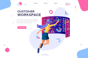Dark application. Build internet interacting images. Interactive creative client profile. Customer mobile workspace situation. Office analysis 3d isolated on white background. Isometric illustration.