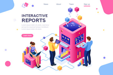 Collection, database graphs. Desktop chart analyzing, statistics visualization concept. Interacting people. 3d isometric vector illustration.