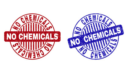Grunge NO CHEMICALS round stamp seals isolated on a white background. Round seals with grunge texture in red and blue colors. Vector rubber overlay of NO CHEMICALS tag inside circle form with stripes.