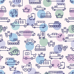 Cute cars and polka dots. Children's vector coloring seamless pattern. Can be used for wallpaper, textile, invitation card, wrapping, web page background.