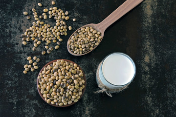 Soy milk. Soya beans. Vegan milk. Eco food. Healthy eating concept.
