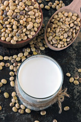 Fototapeta na wymiar Soy milk. Soya beans. Vegan milk. Eco food. Healthy eating concept.