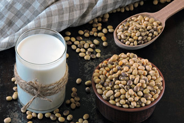 Soy milk. Soya beans. Vegan milk. Eco food. Healthy eating concept.
