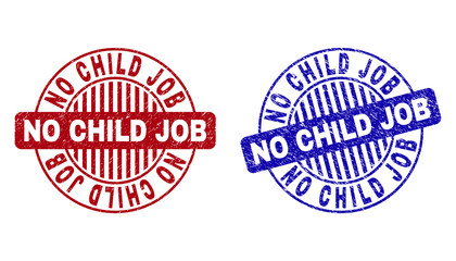 Grunge NO CHILD JOB round stamp seals isolated on a white background. Round seals with grunge texture in red and blue colors.