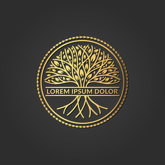 Golden tree logo. Abstract and modern illustration. Isolated vector. Great for emblem, monogram, invitation, flyer, menu, brochure, background, or any desired idea.