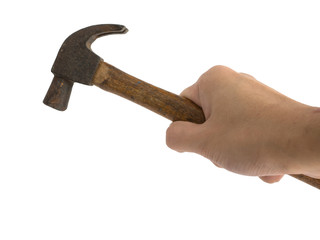 Hand grab hammer on white background isolated with clipping path
