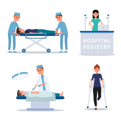 Hospital staff and patients flat illustrations set
