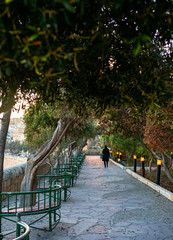 Woman walking alone in a small garden during sunset