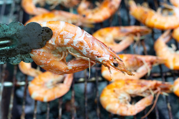 Clamp hold grilled shrimp with another on barbecue background