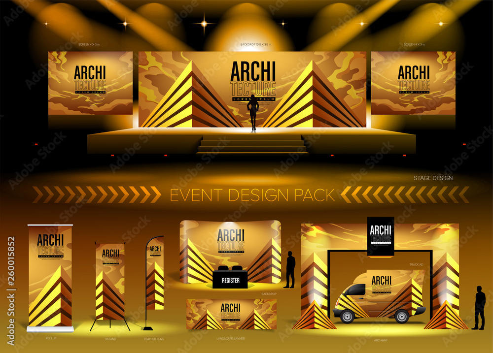 Poster a pack of 3d event design medias in vector format, with a sample of graphic template in rgb color. i