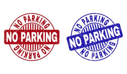 Grunge NO PARKING round stamp seals isolated on a white background. Round seals with distress texture in red and blue colors. Vector rubber watermark of NO PARKING tag inside circle form with stripes.