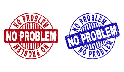 Grunge NO PROBLEM round stamp seals isolated on a white background. Round seals with grunge texture in red and blue colors. Vector rubber overlay of NO PROBLEM caption inside circle form with stripes.