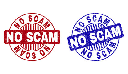 Grunge NO SCAM round stamp seals isolated on a white background. Round seals with grunge texture in red and blue colors. Vector rubber watermark of NO SCAM text inside circle form with stripes.