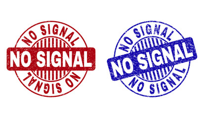 Grunge NO SIGNAL round stamp seals isolated on a white background. Round seals with grunge texture in red and blue colors. Vector rubber imprint of NO SIGNAL label inside circle form with stripes.